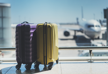 Two suitcases in front of airport window with plane in the background